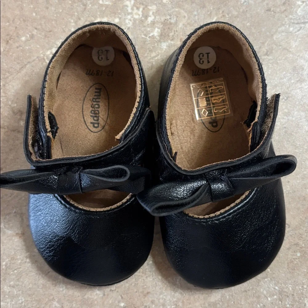 Myggpp Classic Black Infant Crib Shoes with Bow Size 12-18M